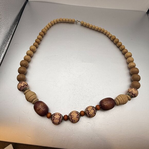 Vintage Boho Wooden Bead Statement Necklace Hand Painted Beads - Picture 7 of 8